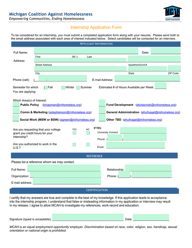 Internship Application Form screenshot