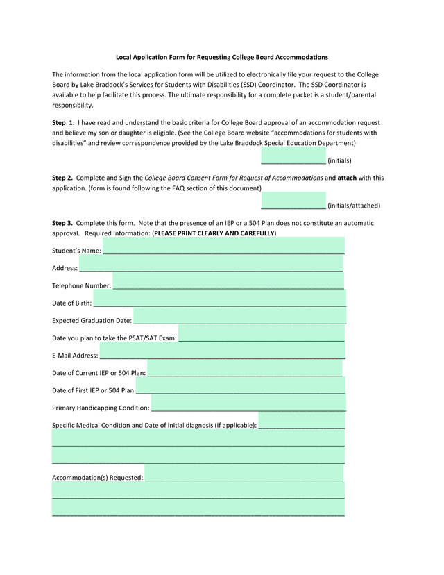 Local Application Form For Requesting College Board Accommodations screenshot
