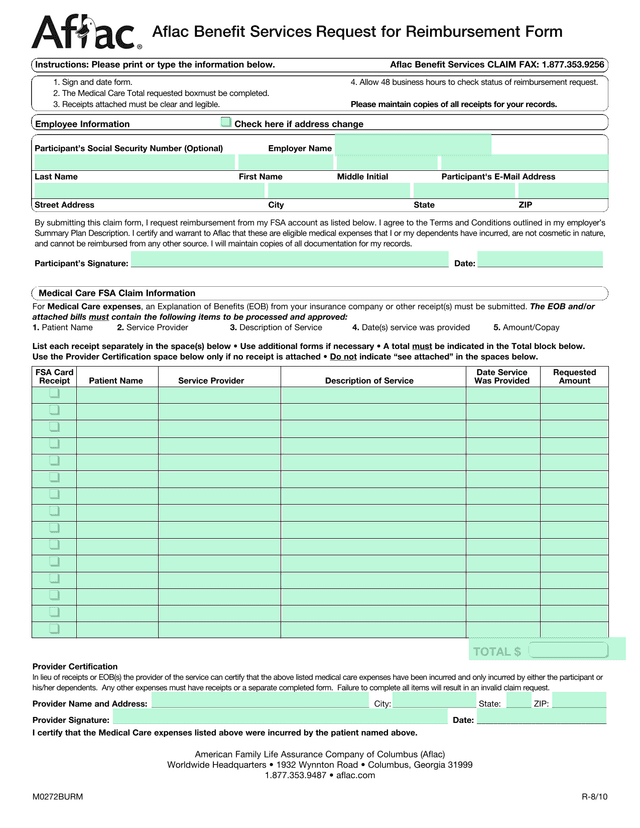 Aflac Benefit Services Request For Reimbursement Form screenshot