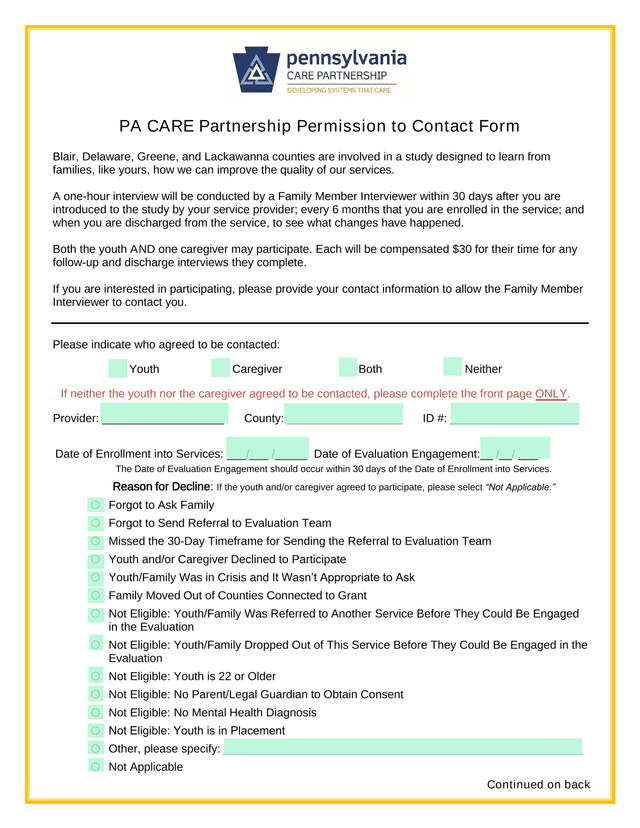 PA CARE Partnership Permission To Contact Form screenshot