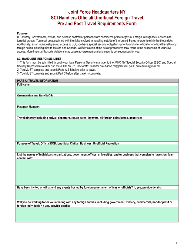 SCI Handlers Official Unofficial Foreign Travel Pre And Post Travel Requirements Form screenshot