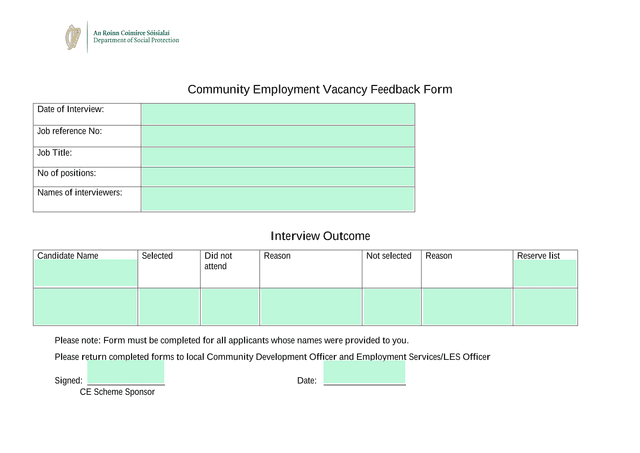 Community Employment Vacancy Feedback Form screenshot