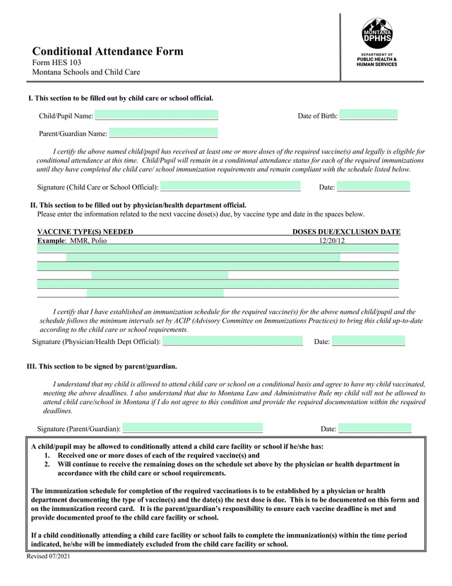 Immunization Conditional Attendance Form screenshot