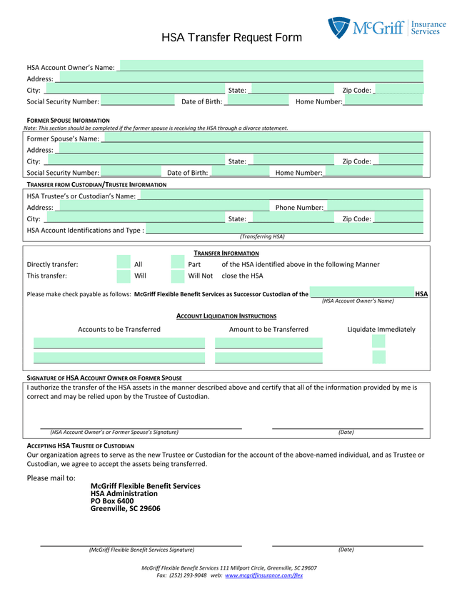 HSA Transfer Request Form screenshot