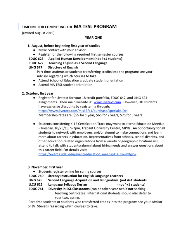 Timeline For Completing The MA TESL Program screenshot