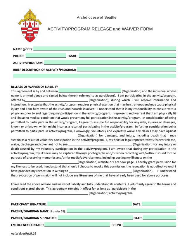 ACTIVITYPROGRAM RELEASE And WAIVER FORM screenshot