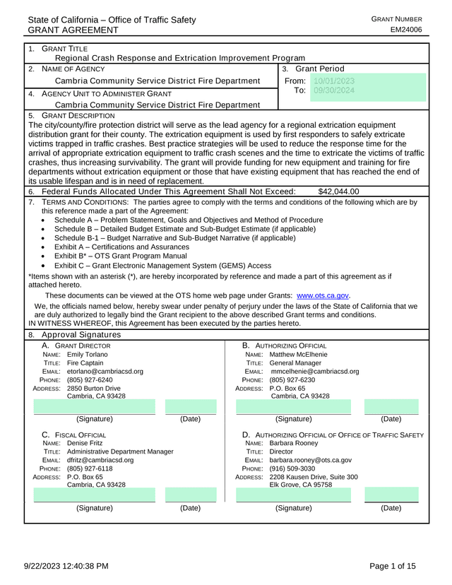 State Of California  Office Of Traffic Safety GRANT AGREEMENT screenshot