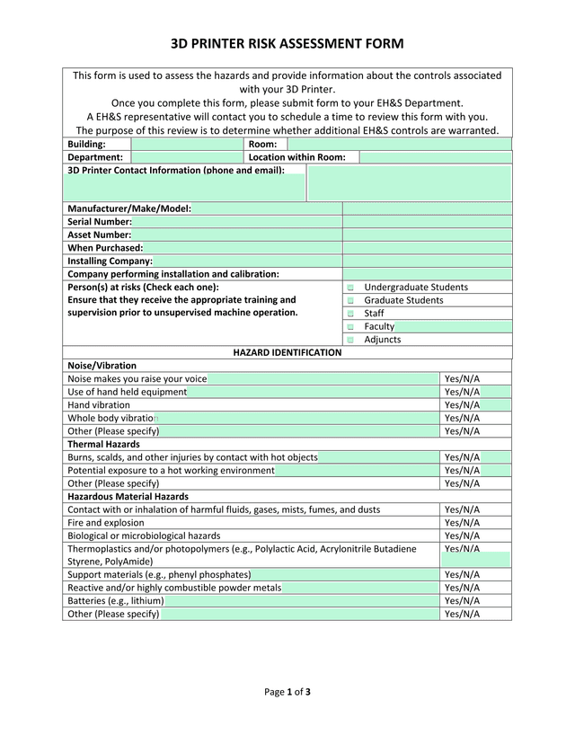 3D Printer Risk Assessment Form screenshot