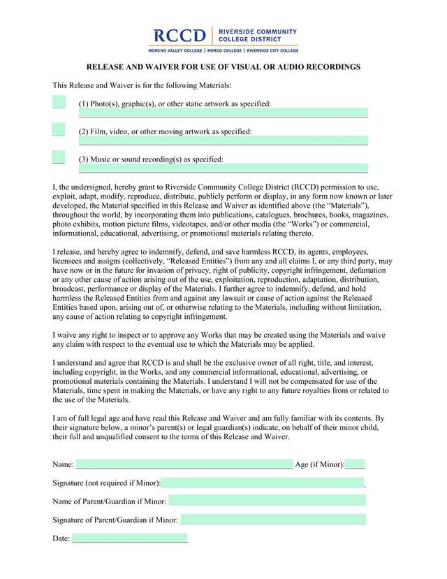Release And Waiver For Use Of Visual Or Audio Recordings screenshot