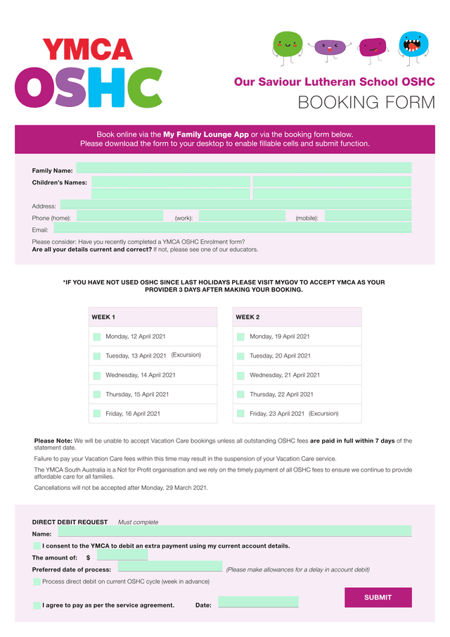 YMCA OSHC Direct Debit Request And Booking Form screenshot