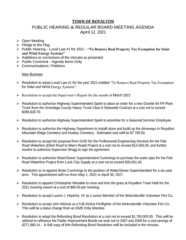 Town Of Royalton Public Hearing  Regular Board Meeting Agenda screenshot