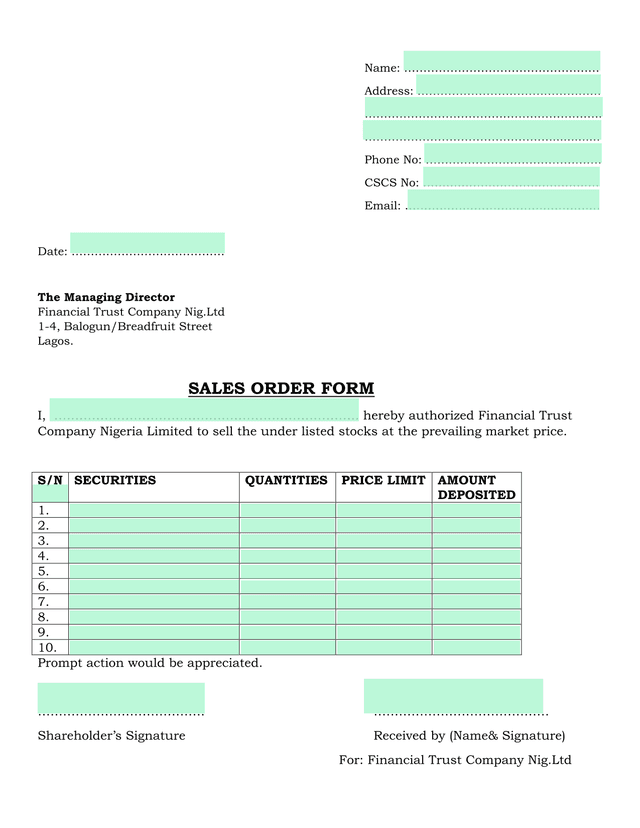 Sales Order Form screenshot