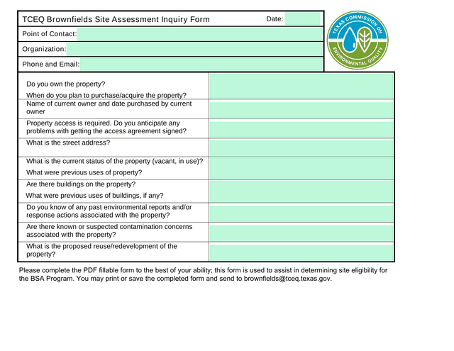TCEQ Brownfields Site Assessment Inquiry Form screenshot