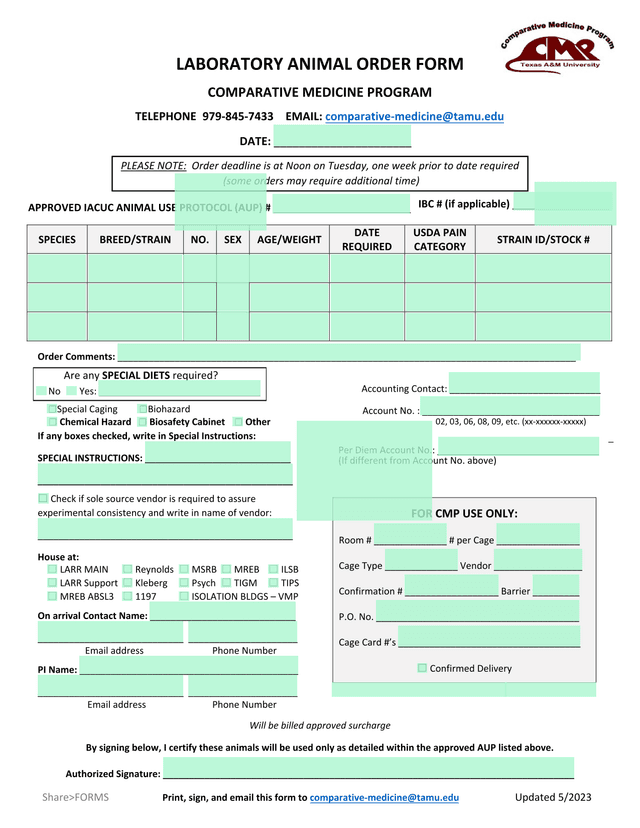 LABORATORY ANIMAL ORDER FORM screenshot