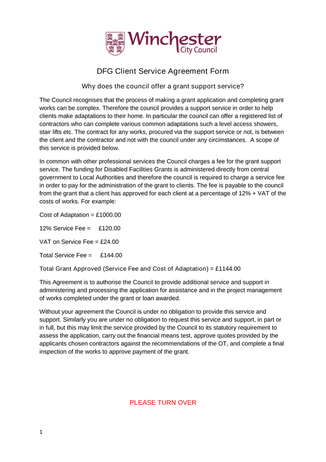 DFG Client Service Agreement Form screenshot