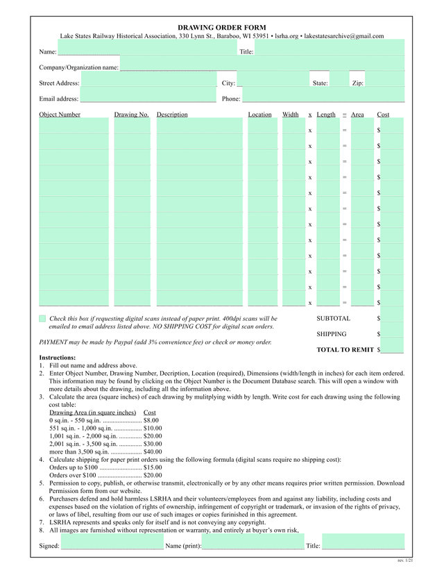 Drawing Order Form screenshot