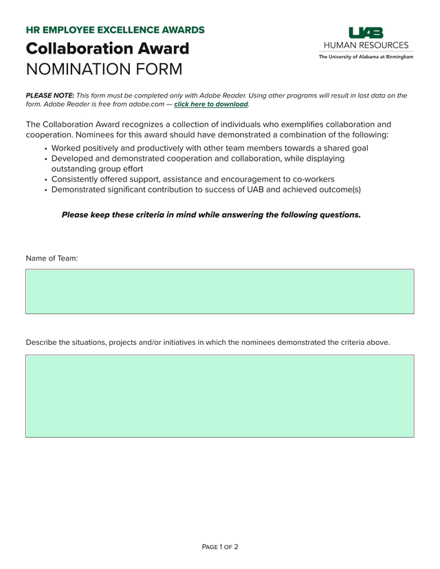 HR Employee Excellence Awards Collaboration Award Nomination Form screenshot