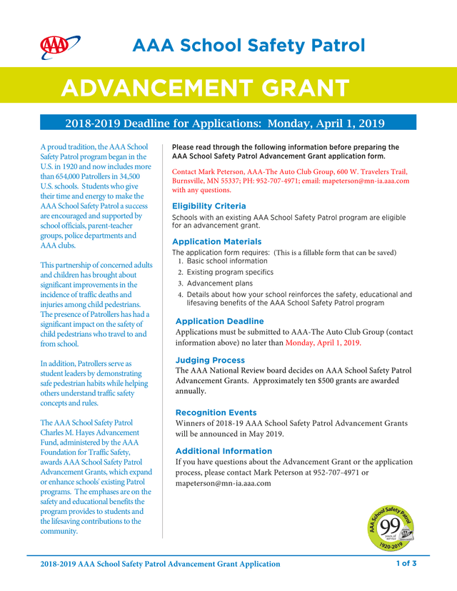 AAA School Safety Patrol Advancement Grant Application 2018 2019 screenshot