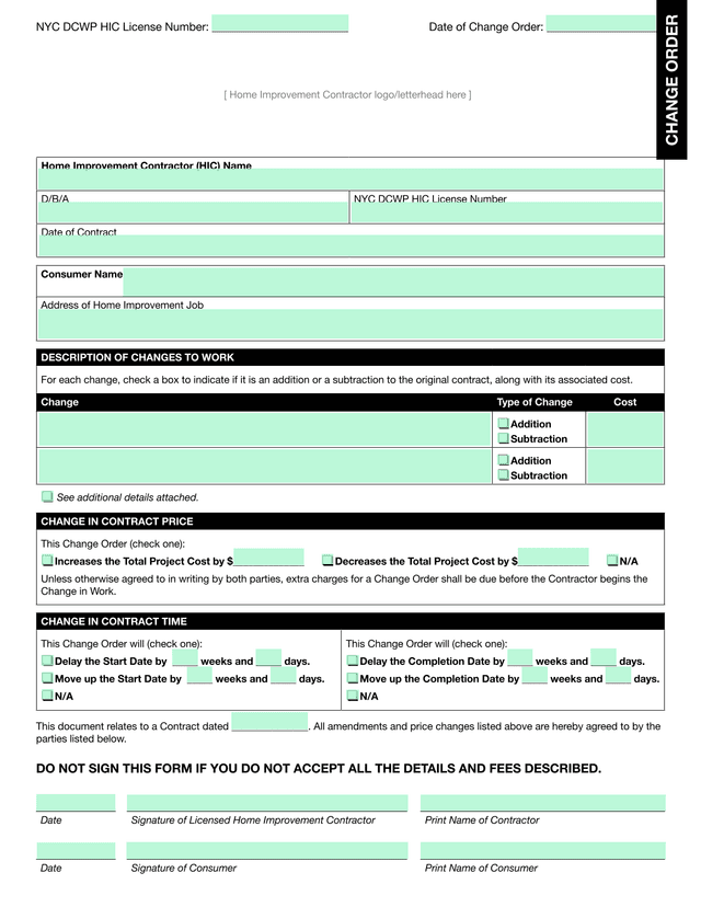 NYC DCWP HIC Change Order screenshot