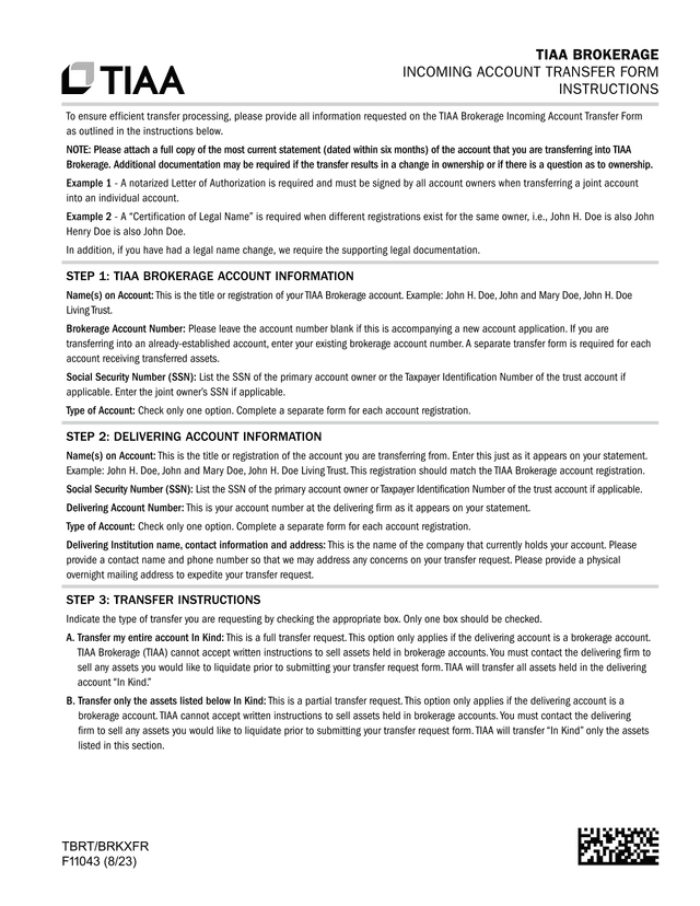 TIAA BROKERAGE INCOMING ACCOUNT TRANSFER FORM screenshot