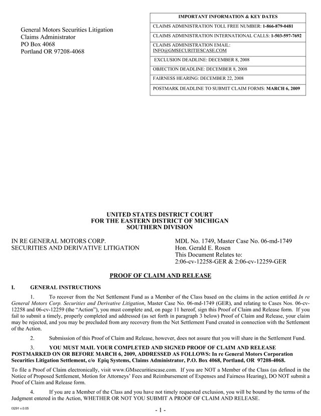 Proof Of Claim And Release   General Motors Securities Litigation screenshot