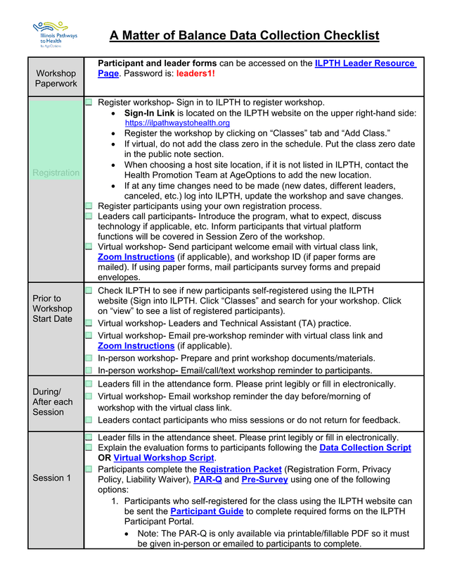 A Matter Of Balance Data Collection Checklist screenshot