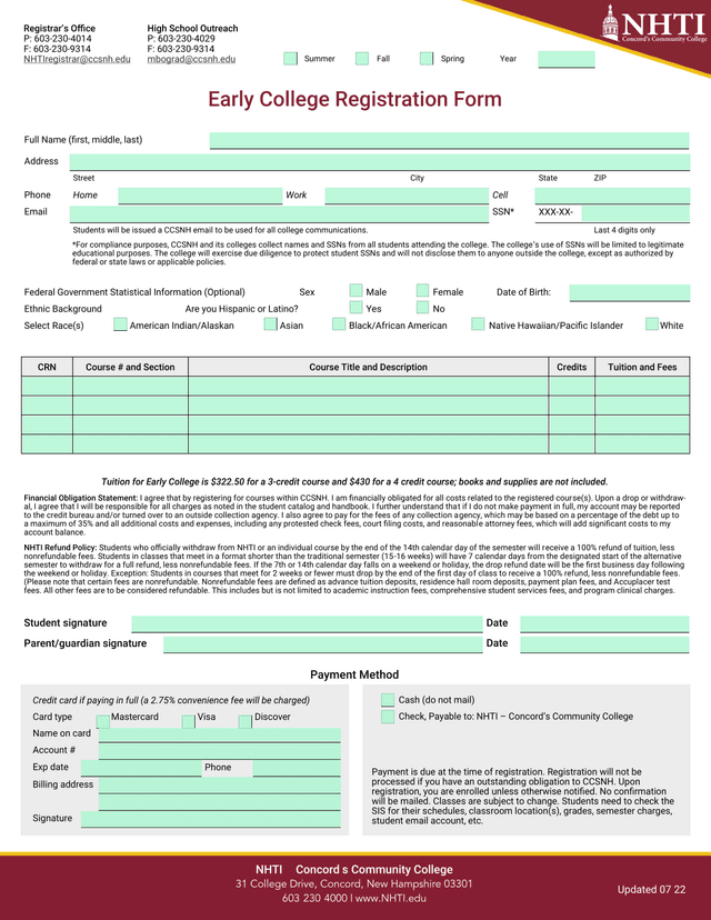 Early College Registration Form screenshot