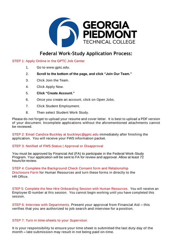 Federal Work Study Application Process screenshot