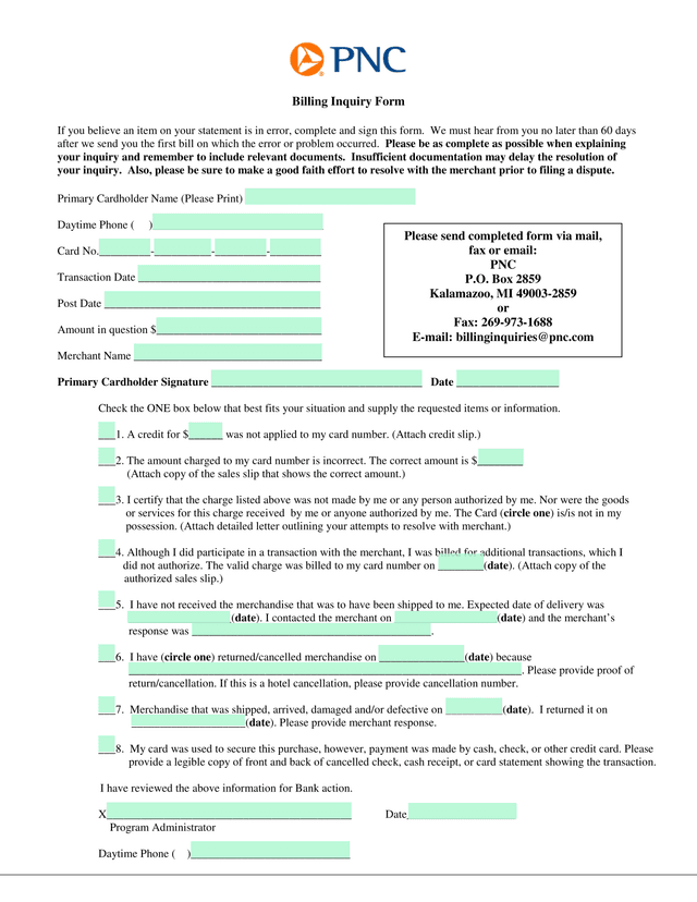 Billing Inquiry Form screenshot