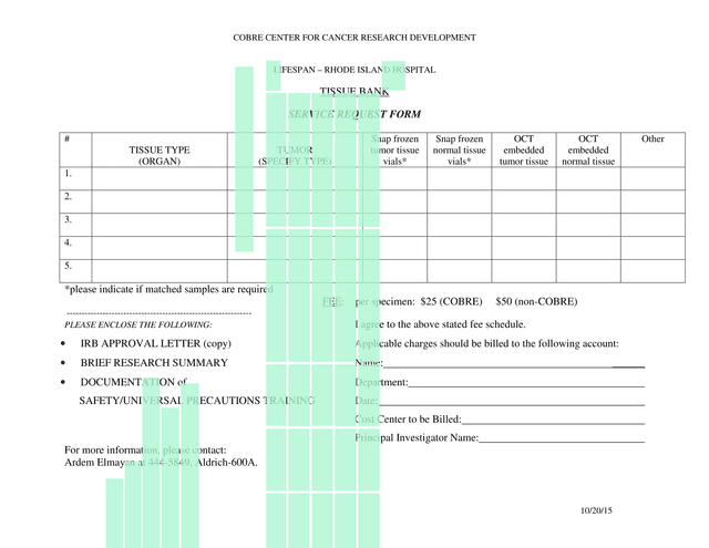 TISSUE BANK SERVICE REQUEST FORM screenshot