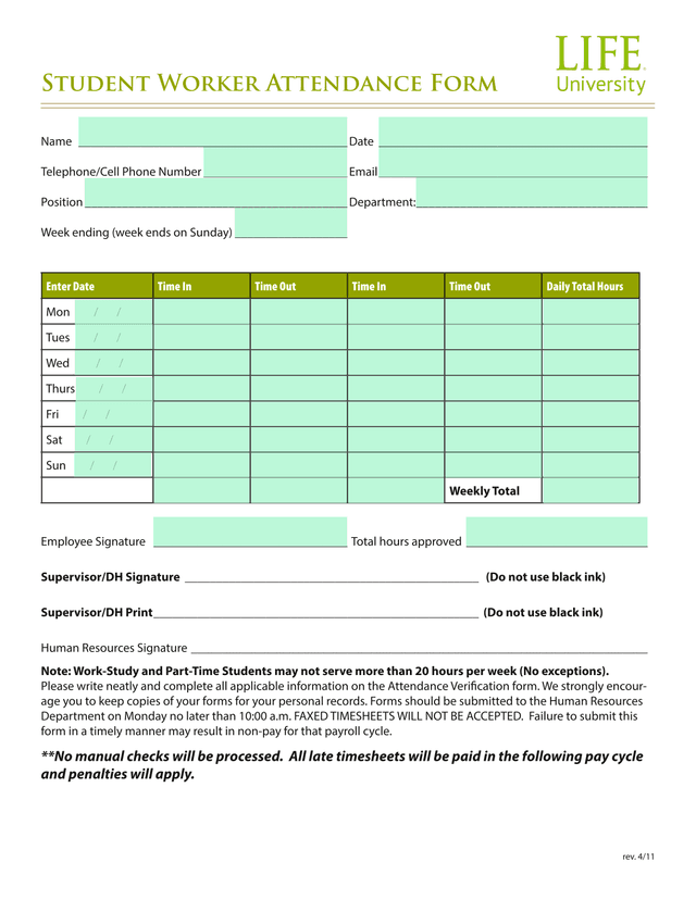 Student Worker Attendance Form screenshot