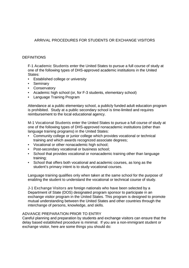 ARRIVAL PROCEDURES FOR STUDENTS OR EXCHANGE VISITORS screenshot