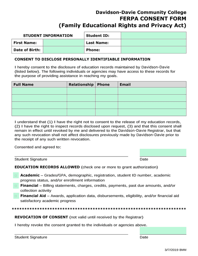FERPA CONSENT FORM screenshot
