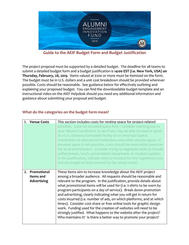 Guide To The AEIF Budget Form And Budget Justification screenshot
