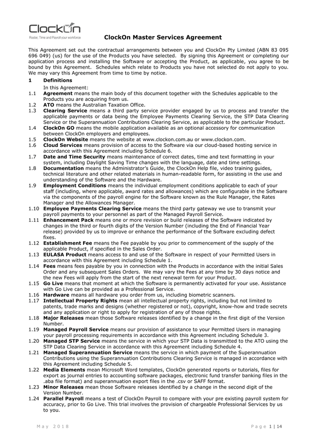 ClockOn Master Services Agreement screenshot