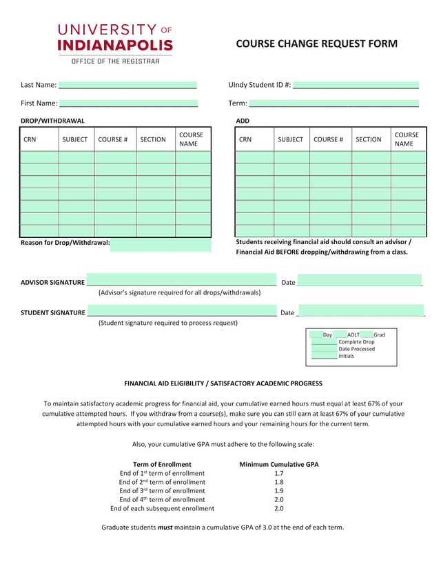Course Change Request Form screenshot