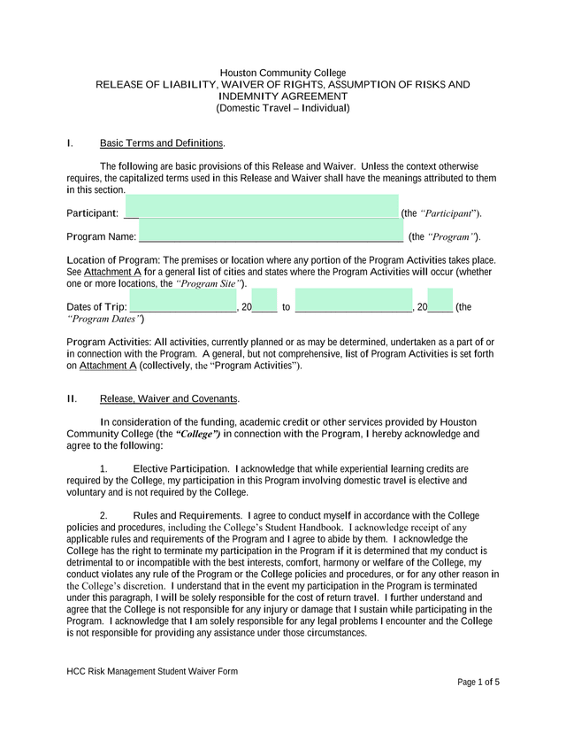 HCC Risk Management Student Waiver Form screenshot