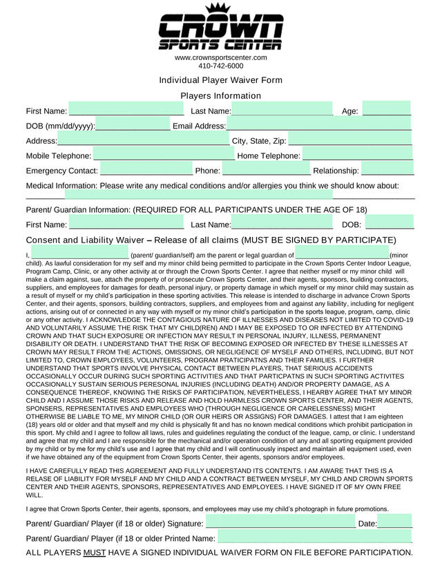 Individual Player Waiver Form screenshot
