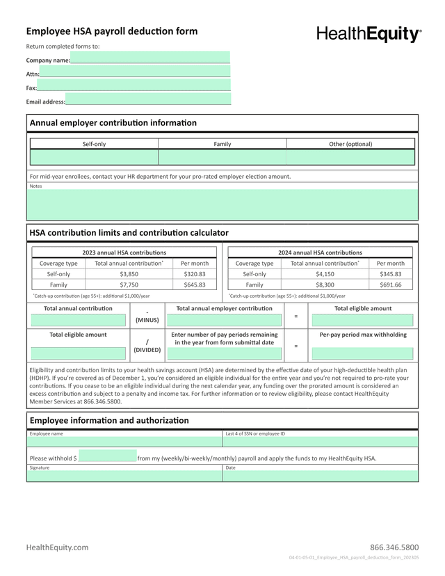 Employee HSA Payroll Deduction Form screenshot