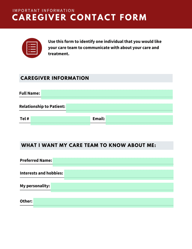CAREGIVER CONTACT FORM screenshot