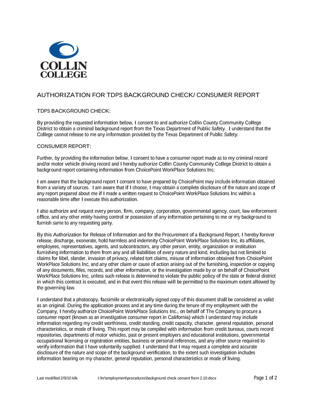 AUTHORIZATION FOR TDPS BACKGROUND CHECK CONSUMER REPORT screenshot