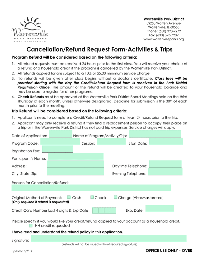 CancellationRefund Request Form Activities  Trips screenshot