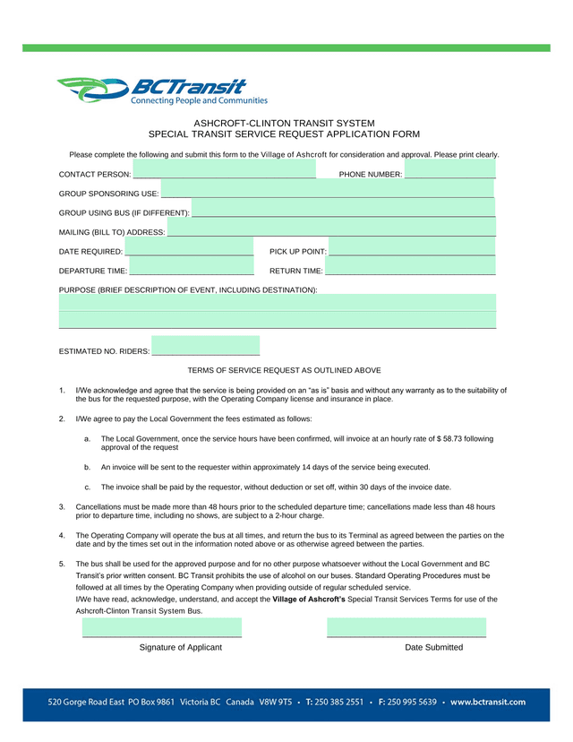 SPECIAL TRANSIT SERVICE REQUEST APPLICATION FORM screenshot