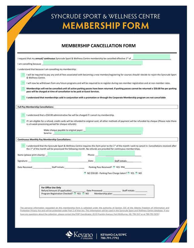 Syncrude Sport  Wellness Centre Membership Cancellation Form screenshot