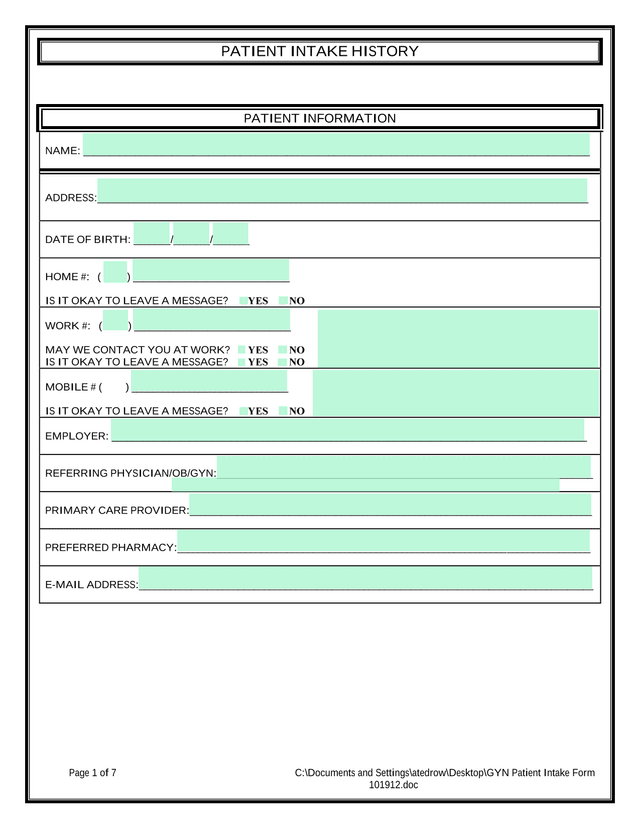PATIENT INTAKE HISTORY screenshot