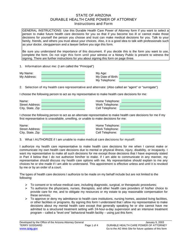 STATE OF ARIZONA DURABLE HEALTH CARE POWER OF ATTORNEY screenshot