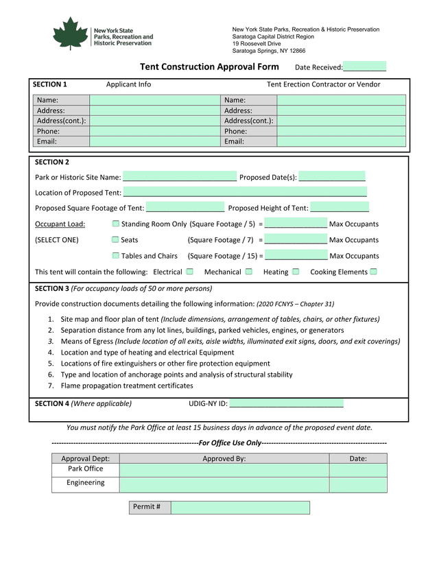 Tent Construction Approval Form screenshot