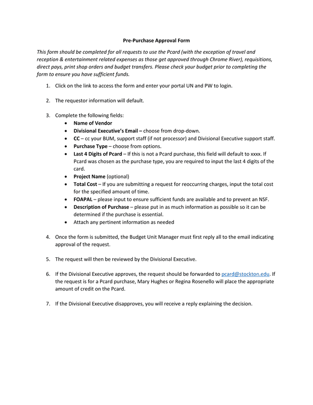 Pre Purchase Approval Form screenshot