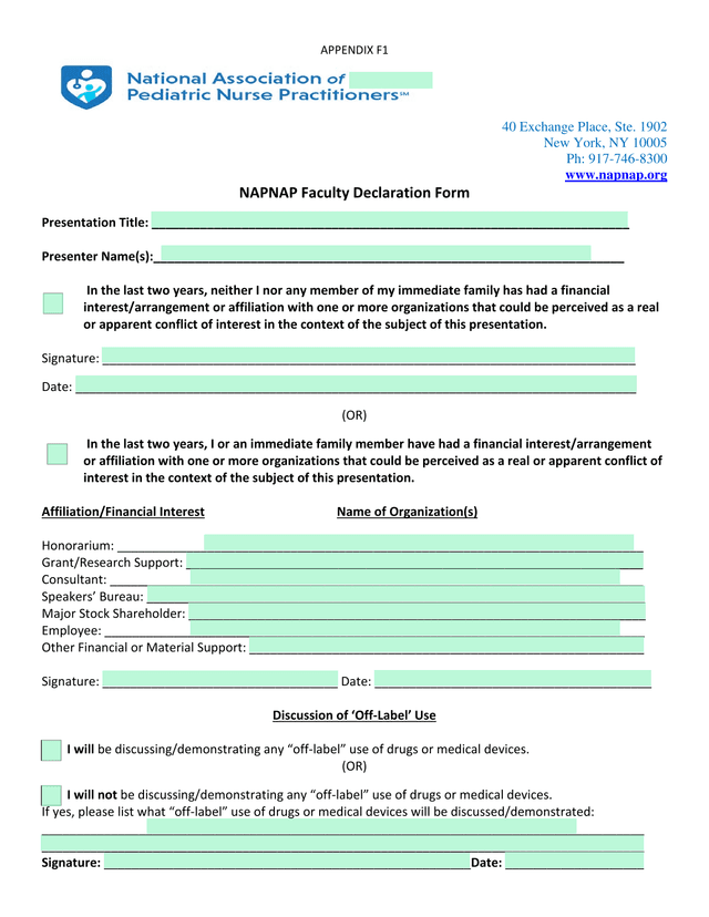 NAPNAP Faculty Declaration Form screenshot