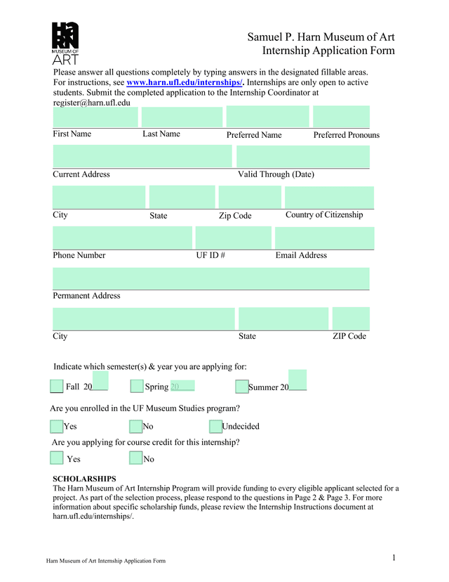 Harn Museum Of Art Internship Application Form screenshot